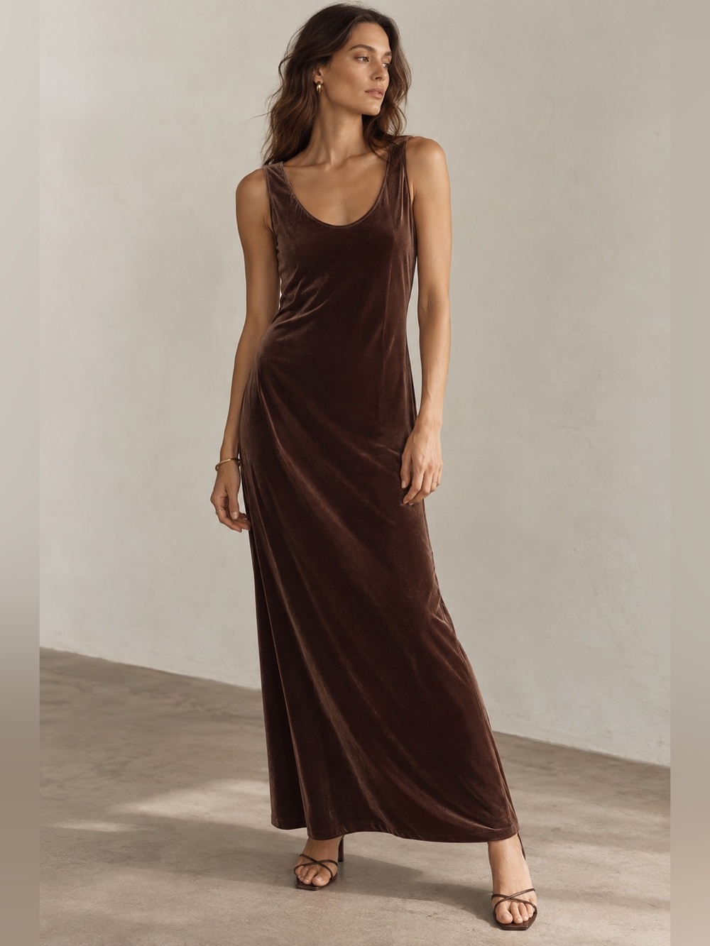 Vince Chocolate Brown Silk Blend Velvet Midi Maxi Dress Sz L